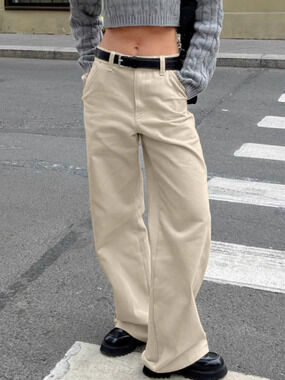 Forever 21 Retro Khaki Cargo Wide Leg Pants High Waist Cotton Spring